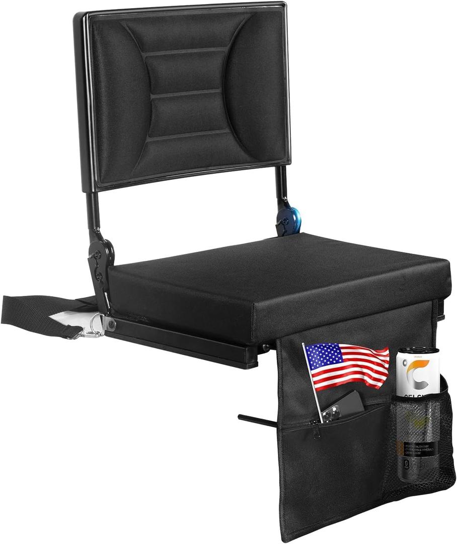 Extra Wide Stadium Seat with Back Support | Adjustable High Back & Thick Padded | Bleacher Chairs with back and Cushion, Includes Cup Holder, Shoulder Strap, Perfect for Concerts, Sports Events-BL (1 PACK)