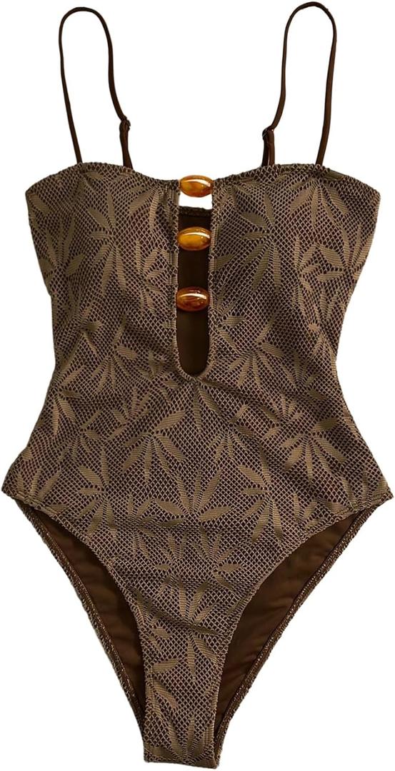 SOLY HUX Women's One Piece Swimsuit Cutout Bathing Suits High Cut Swimwear Vacation Cruise Wear (Medium, Pure Brown)