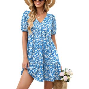 Naggoo Womens Summer Dresses Casual Beach V Neck Short Puff Sleeve Empire Wasit Ruffle Swing Mini Dress with Pockets (M)