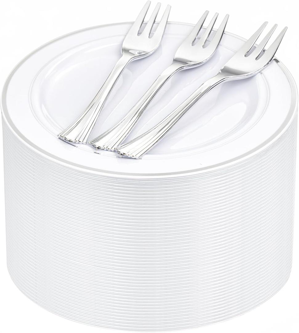 WELLIFE 240PCS Silver Plastic Dessert Plates - Includes 120PCS Silver Forks, 120PCS 6.3 Inch Salad & Appetizer Plates - Perfect for Weddings & Parties