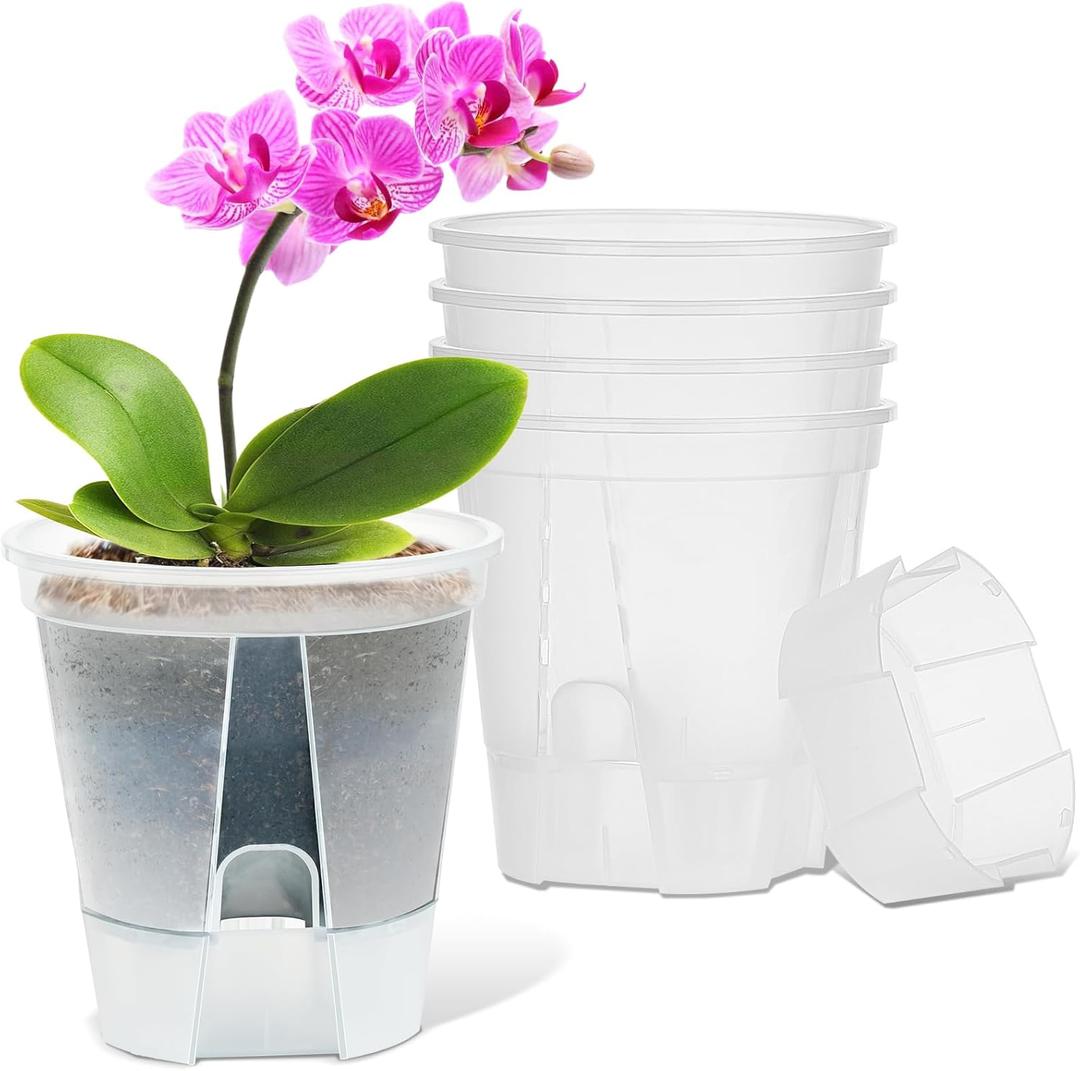 Plant Pots 6 inch Set of 5, Self Watering Pots for Indoor Outdoor, Self Watering Planters Flower Pots with Drainage Hole and Saucer Reservoir (Clear)