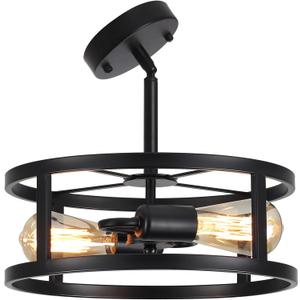 Industrial Black Semi Flush Mount Ceiling Light,Farmhouse Kitchen Lighting, Sloped Ceilings Lights Fixtures for Dining Room Hallway Entryway, 2-Light
