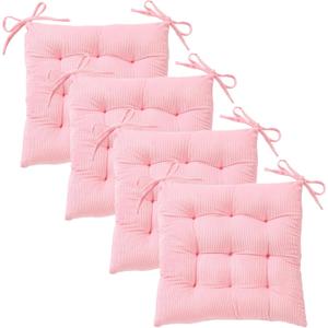 MissSoul 4Pack Chair Cushions for Dining Chairs 15.7"X15.7" Corduroy Chair Pads with Ties Indoor Non-Slip Square Seat Cushion for Kitchen Office Chairs Computer Desk Seat Pad, Pink