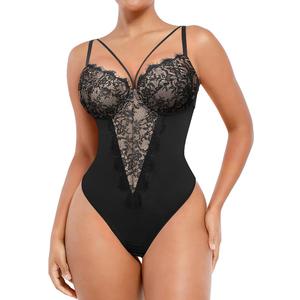 SHAPELLX Womens Lace Bodysuit for Large Bust Tummy Control Shapewear Backless Corset Top V Neck Thong Body Suits Shaper Size M