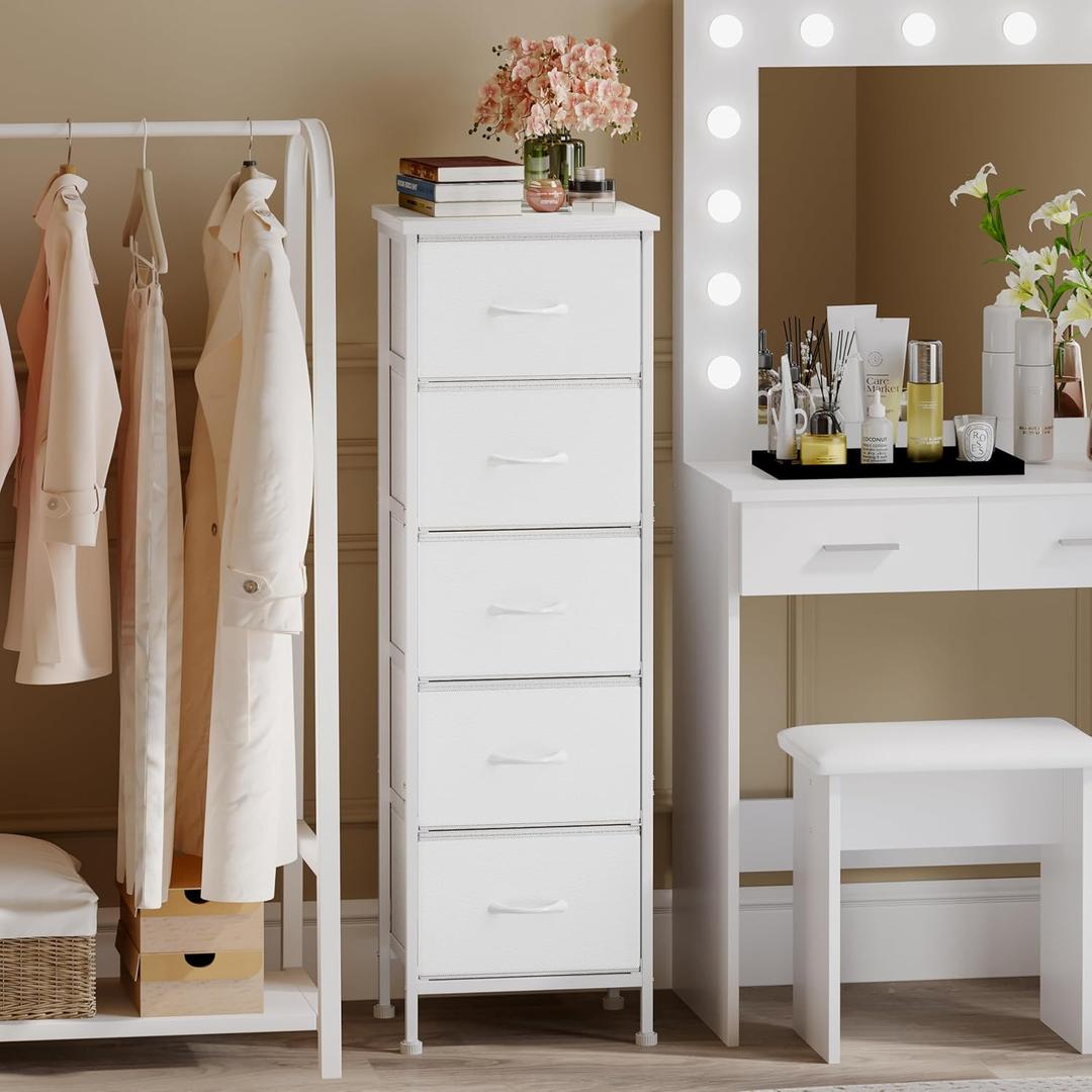 Fixwal White Tall Dresser for Bedroom, Closet Organizers and Storage Tall Fabric Dresser for Closet, Drawer Organizer with 5 Drawers, Bedroom Furniture