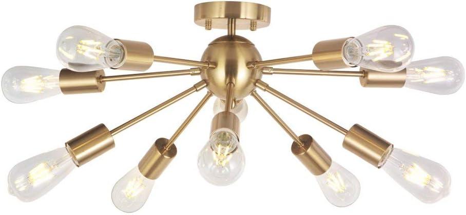 Modern Sputnik Chandelier Lighting 10 Lights Brushed Brass Semi Flush Mount Ceiling Light Gold Mid Century Pendant Lighting by BONLICHT