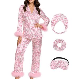 Silk Pajamas for Women with Feather Trim Long Sleeve Satin Pajama Set 2 Piece Button Down Pjs Print Sleepwear (Small, Pink Leopard)