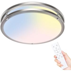 libtit 13 Inch Flush Mount Ceiling Lights with Remote, 24W Dimmable LED Ceiling Light with Nightlight and Timer, 3000K-6500K Adjustable Brushed Nickel Light Fixture for Bedroom Kitchen Bathroom