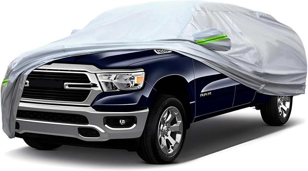 Full Car Cover Universal 6 Layers Outdoor Thicked All Weather Cover, Sunshield, Waterproof, Snow Proof, UV Proof, Scratch Proof, Bird Droppings, 6 Reflective Strips, Fits Pickups up 213"-237"