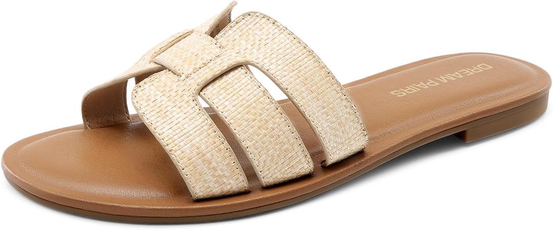 DREAM PAIRS Women's Dressy Slide Sandals Slip-on Open Round Toe Flat Sandals Fashion Casual Comfortable Summer Beach Walking Slides (7.5, Nude-raffia)