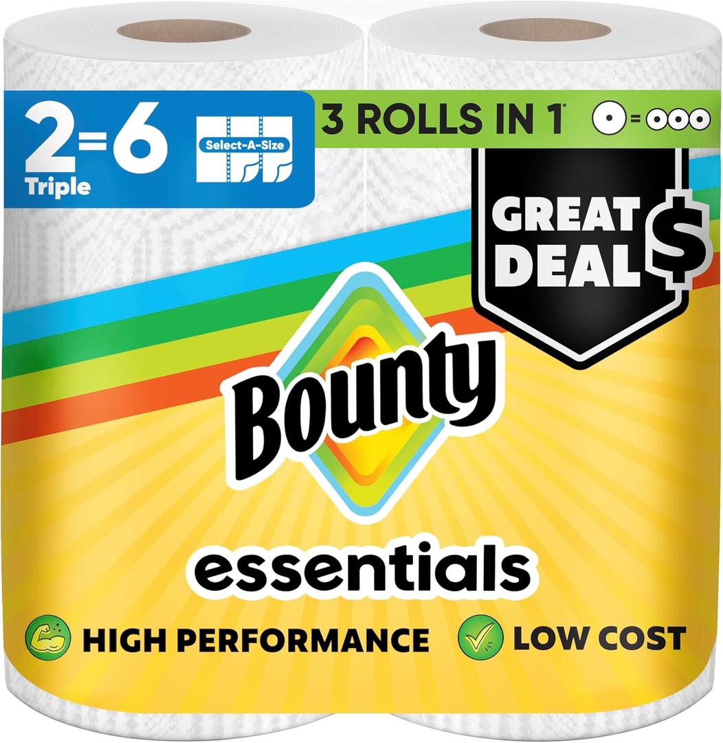 Bounty Essentials Select-A-Size Paper Towels, White, 2 Triple Rolls = 6 Regular Rolls 