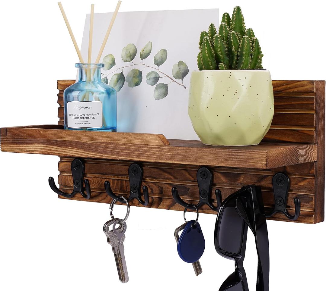 Decorative Key Hanging Rack with 4 Double Hooks Easy Install Natural Wooden Key and Mail Holder for Wall Mount Entryway Decor Rack with Shelf (Brown)