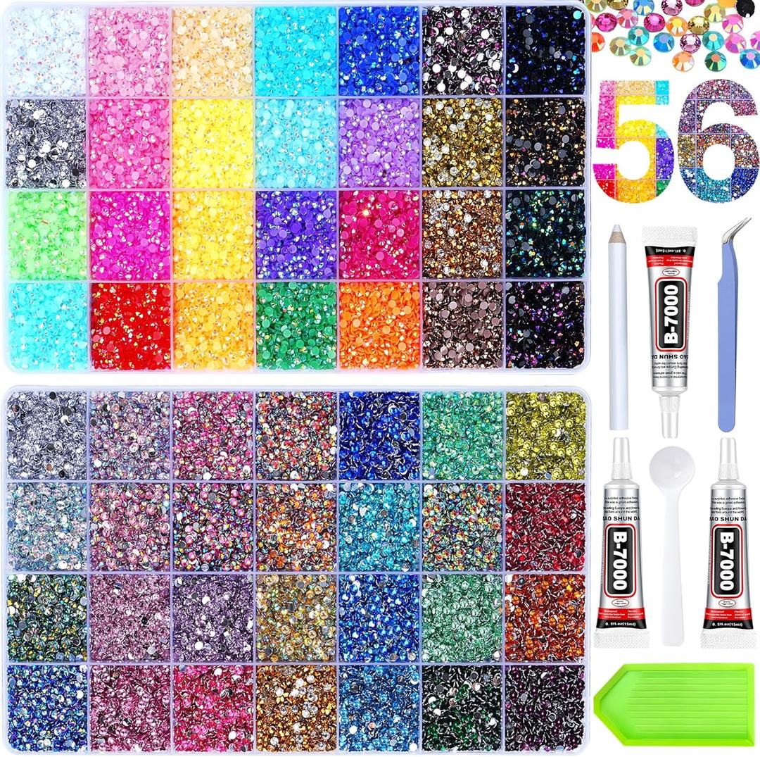 61000Pcs 56 Colors Jelly Rhinestones for Bedazzling, 2 Boxes Resin Multicolor 3mm Flatback Gems for Crafting, Bedazzler Kit with 3Pcs 15ml B7000 Jewelry Glue for Crafts Clothes Book Shoes Nail Art