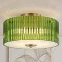 AUQUEE 13.8" Gold Flush Mount Ceiling Light, 3-Light Vintage Green Ribbed Glass Light Fixtures Ceiling Mount, Anti-Glare Close to Ceiling Lamp for Kitchen, Bedroom, Hallway, Entryway, Living Room, Large