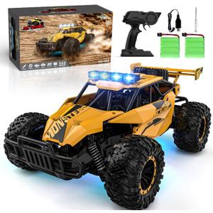 BLUEJAY Remote Control Car for Boys, RC Cars, 1:12 Monster RC Truck Off Road with LED Headlight and Rechargeable Battery Gifts for Adults Boys 8-12 (Matt Yellow)