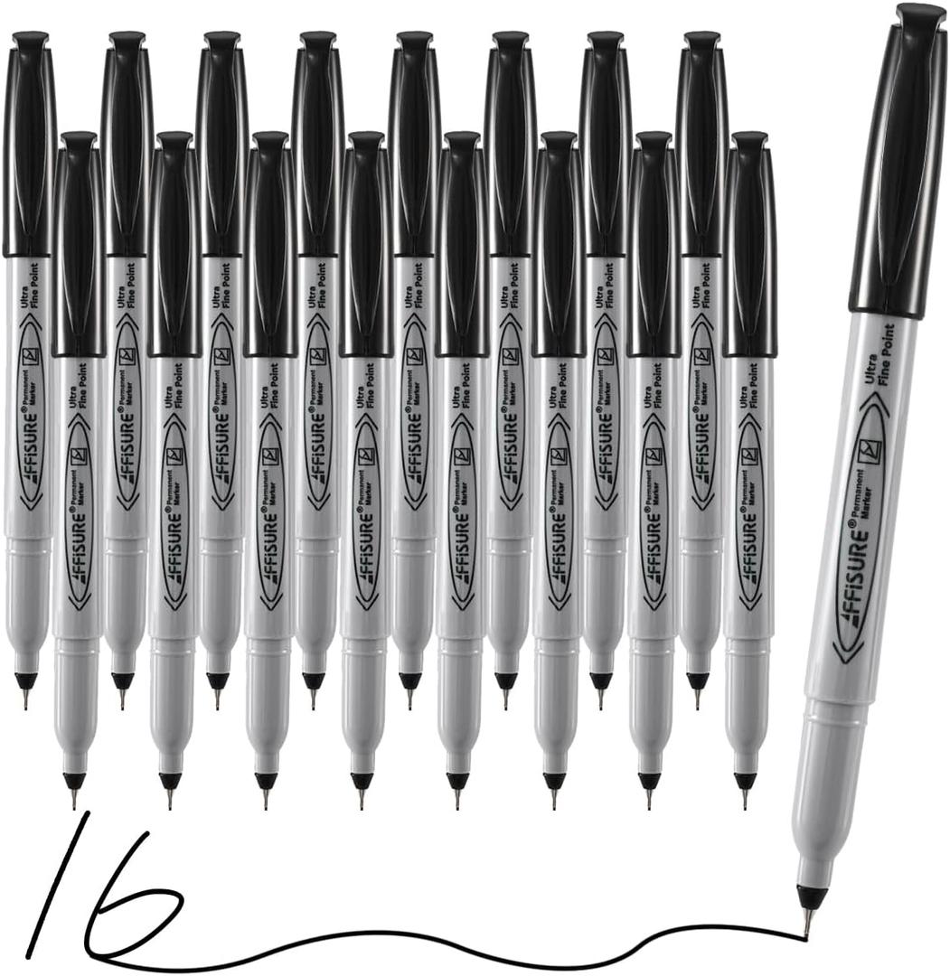 Permanent Markers, Ultra Fine Point, Black, 16 Count, 0.4mm, Fine tip permanent marker set, quick dry, waterproof, fading resists, durable, marks on paper, glass, ceramic, plastic, wood, rock, metal