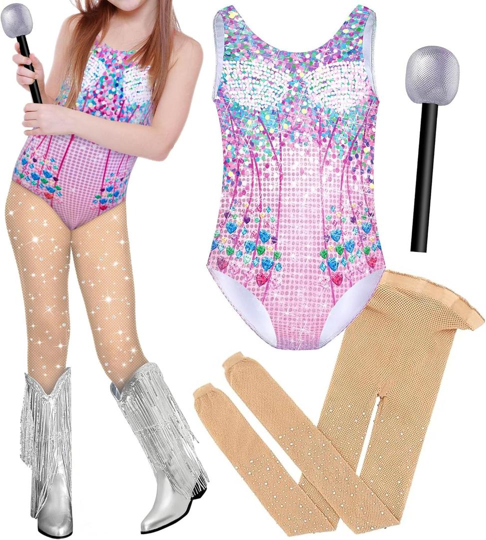 Kids Halloween Costume  Girls Bodysuit Outfit with Toy Microphone & Stockings, Concert Tour Cosplay for Ages 5-12