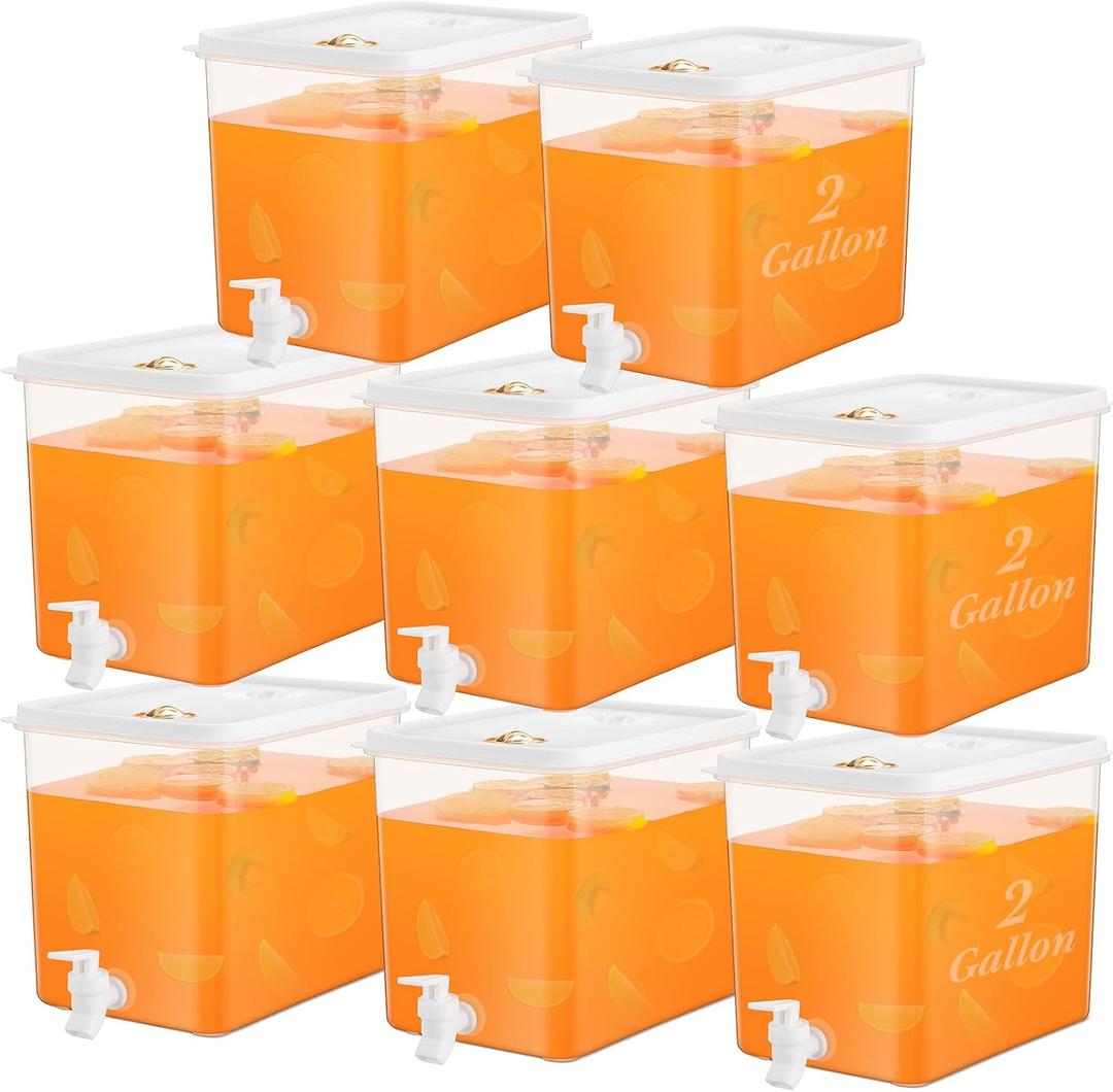 Domensi 8 Pack 2 Gallon Drink Dispenser for Fridge with Spigot Water Dispenser Leak Proof Lids Filter Screen Beverage Juice Container Sealed Plastic Lemonade Milk Cold Hot Drink Tea Jug for Party