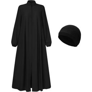 Womens Muslim Abaya Dress Front Zipper 2 Pockets Long Sleeve Prayer Islamic Clothes (Small, Black)