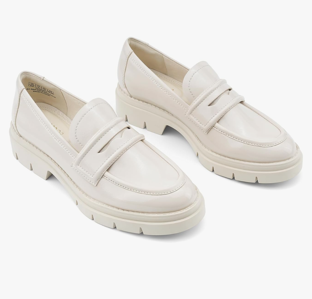 JENN ARDOR Women's Chunky Loafers Slip On Lug Sole Penny Loafer Comfort Casual Round Toe Mid Heels Platform Work Shoes (8.5 US, White)