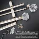 Double Curtain Rod Set:1-1/8 Inch Diameter Luxury Silver Curtain Rods, 36-72 Inches Adjustable Silver Drapery Rod with Crystal-clear Faceted Finials for 1 Pack