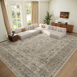 Washable 10x14 Area Rugs for Living Room, Boho Non-Slip Vintage Distress Large Rugs for Bedroom Dining Room Office, 0.3" Neutral Oriental Throw Thin Carpet, Flaxen/Multi, B2