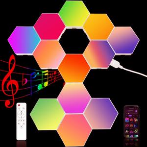12Pack Hexagon Lights for Wall LED, That Sync with Music, APP & Remote Controls Hex Lights, RGB LED Wall Panels for TV, Bedroom, Living Room, Game Room Decor
