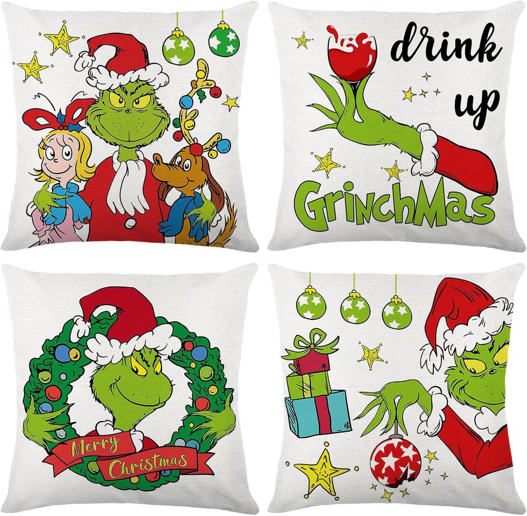 Christmas Pillow Covers - Christmas Throw Pillows Covers 18"x18" Set of 4,Pillow Covers for Christmas Decorations,Winter Farmhouse Cushion Cover for Sofa,Nightmare Before Christmas Pillow Covers