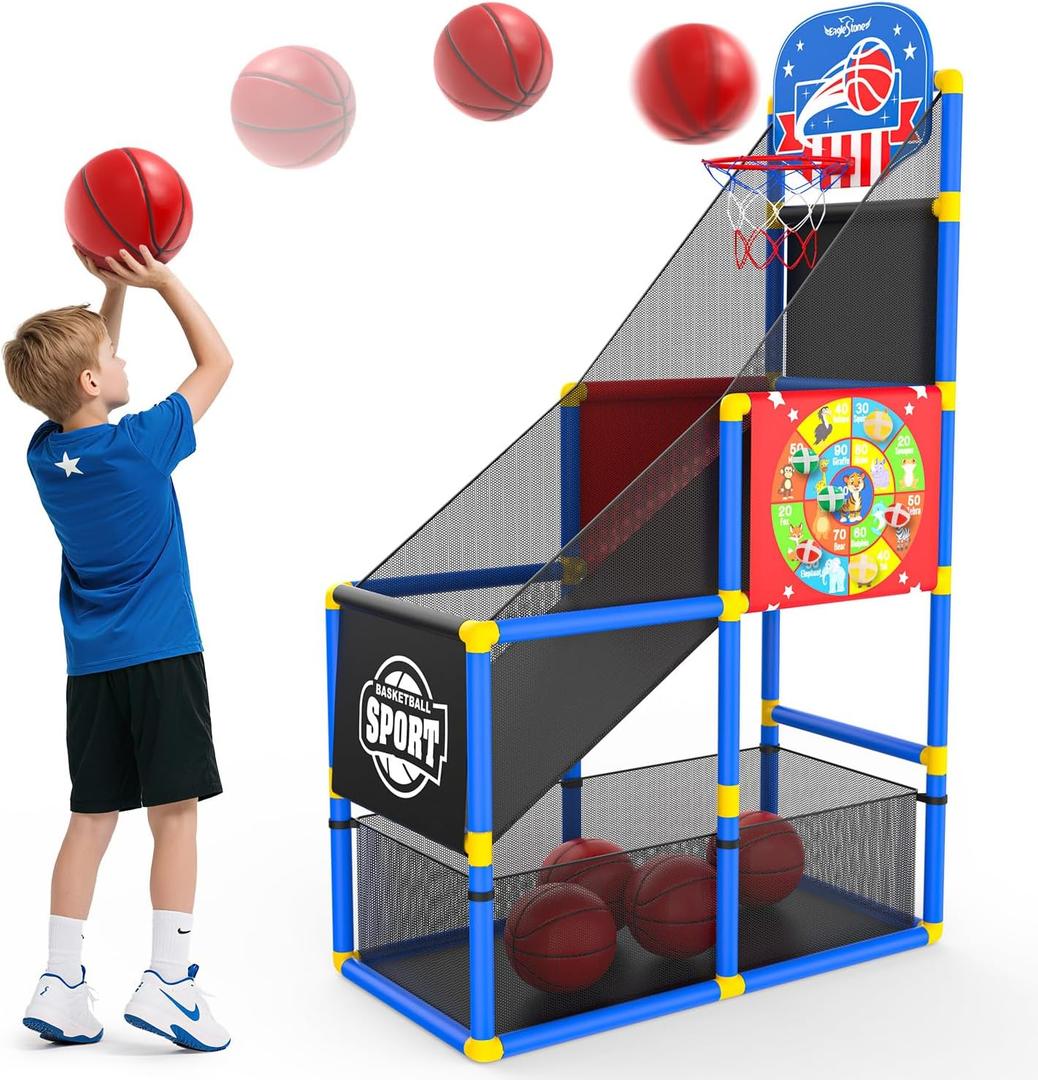 EagleStone 2-in-1 Kids Arcade Basketball Hoop with Dart Board,4 Balls Adjustable Height Basketball Toy Indoor Outdoor Carnival Games Gift for Boys Girls Toddlers Ages 3-8 Years Old,Pump Included