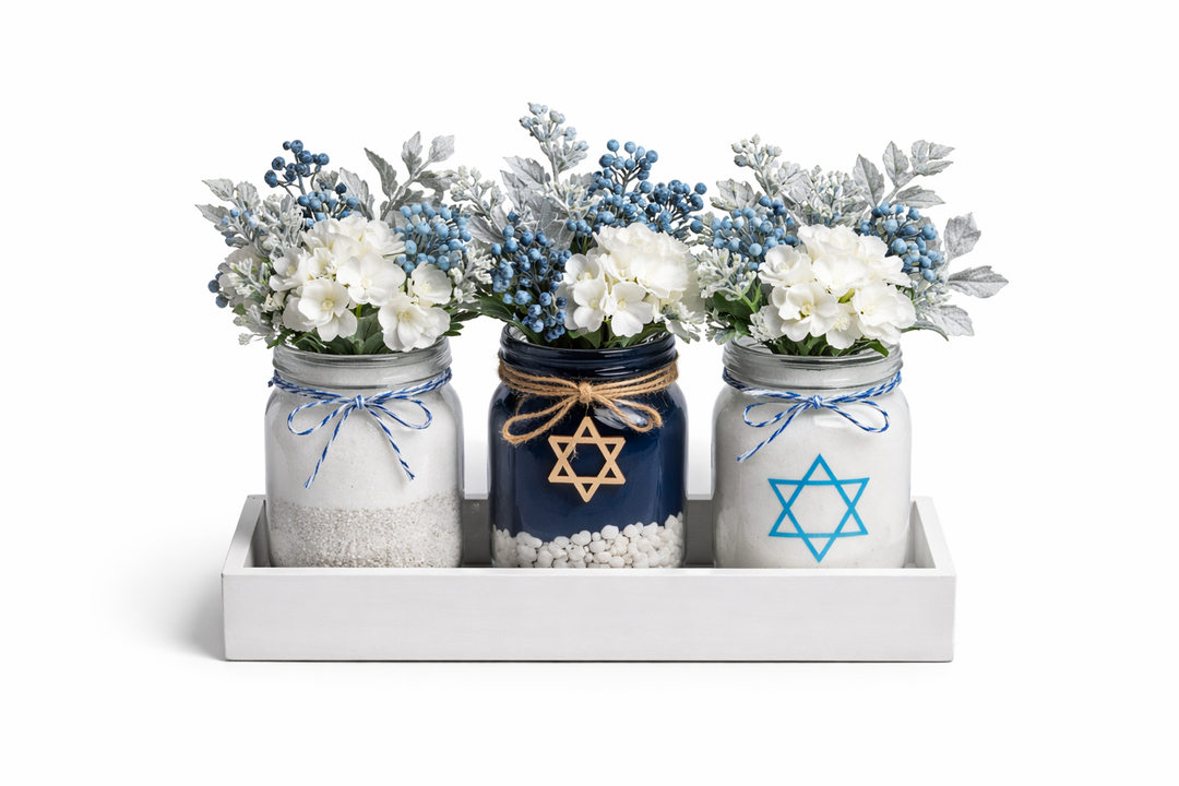 Hanukkah Mason Jar Floral Arrangement Table Centerpieces Set 3 Glass Jars with Fairy Light String, Wooden Tray & Blue Hydrangeas Jewish Holiday Decor for Table Farmhouse Kitchen Office Wedding 