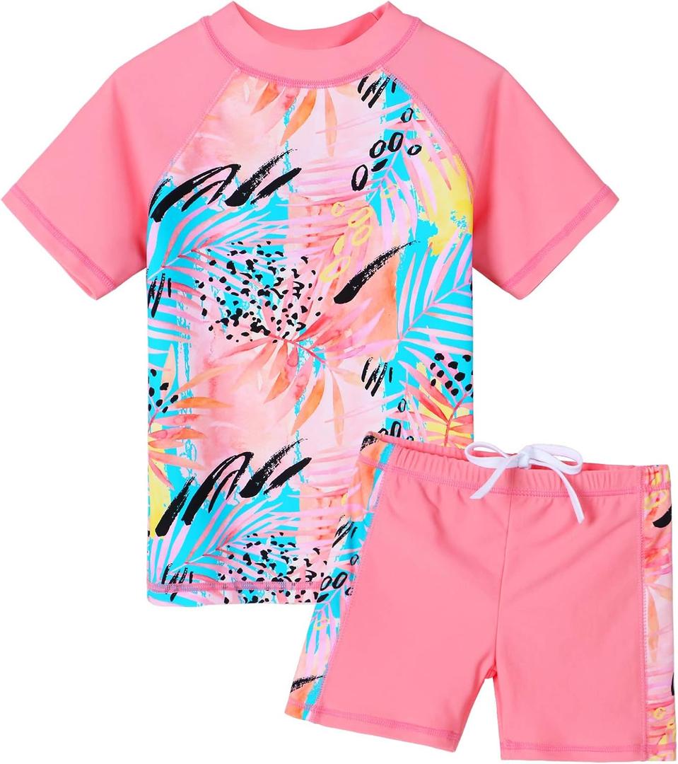 Girls Two Piece Swimsuit Floral UPF 50+ Rash Guard Set Kids Beach Swimwear (9-10 Years, Peach)