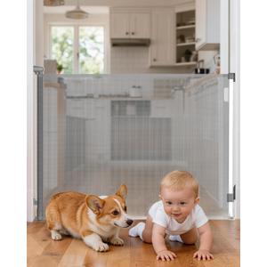 Retractable Baby Gate 38" Tall, 71" Wide Mesh Baby Gate for Doorways, Mesh Dog Gate Retractable with Auto-Tighten System, One-Hand Operation Indoor Pet Gate, Gray