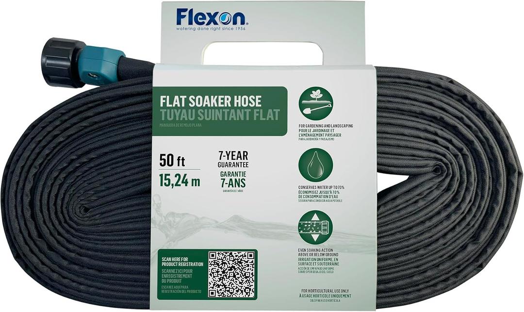 Flexon 50ft Flat Soaker Hose  Efficient, Space-Saving Watering Solution for Gardens and Landscaping