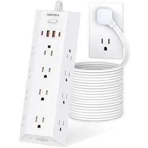 10FT Surge Protector Power Strip, HOPOW Long Extension Cord with 12 Widely AC Outlets 4 USB (2-USB C), Flat Plug, Wall Mount Power Strip, 1700 Joules Charging Station for Home Office, White