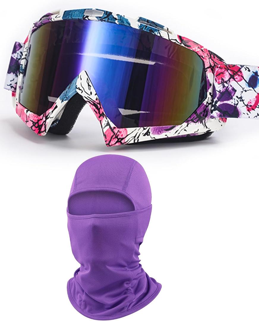 Sand Motocross Mountain Bike Goggles with Balaclava for Women Men Youth, Dirt Bike ATV MX MTB Racing Safty Glasses (Purple - Blossom Art)