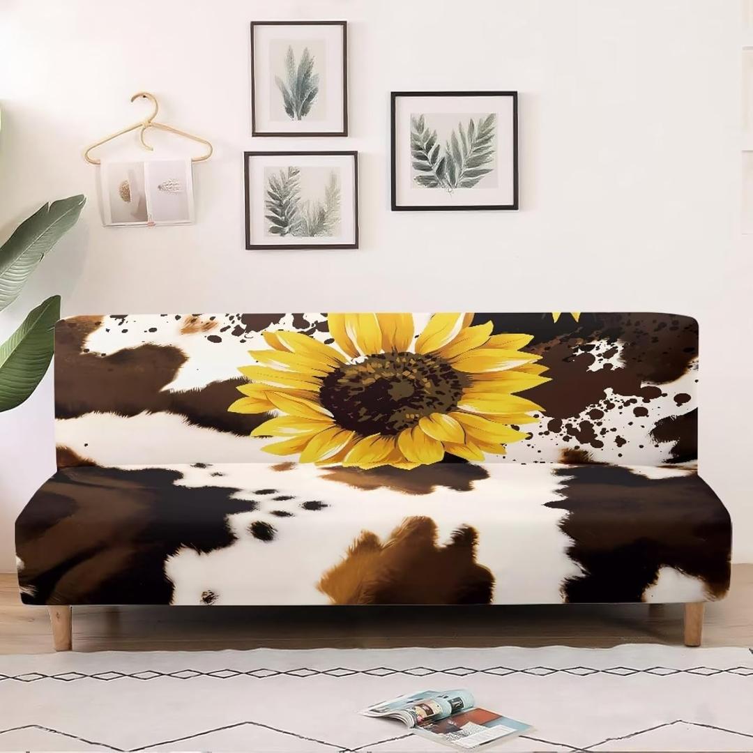 Sunflower Brown Cow Print Armless Sofa Couch Bed Slipcovers with Elastic Bands for Home Living Room Easy to Install Non Slip Futon Dust Cover Machine Washable