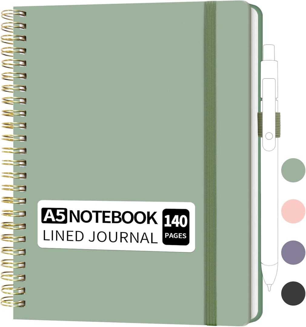 Lined Spiral Notebook, Small A5 College Ruled Notebook with Pen Holder, 140 Pages Hardcover Notebook Journal for Women, To Do List Notebook for Work, Bible, and Meeting (A5, Green, No Pen)