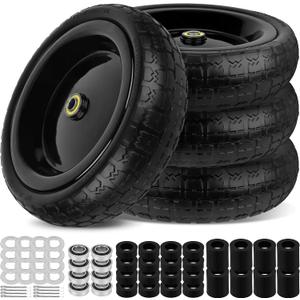 13 Inch Flat Free Wheels Tires 4.00-6 Solid Replacement with Universal 5/8" Axle Bore Hole, 16 Spacers and 8 Pins, for Wheelbarrow, Garden Wagon, Hand Truck, Trolley, Lawn Mower, 4 Pack