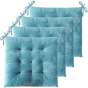 ELFJOY 4 Pack Chair Cushions for Dining Chairs Chair Pads Cushion for Kitchen Office Tufted Square Seat Cushion with Ties (16" Blue Velvet)