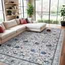8x10 Area Rug Floral - Washable Rugs for Living Room Vintage Area Rugs Large Low Pile Carpets for Bedroom Soft Non Slip Area Rug for Dining Room Office 8x10 Blue/Cream