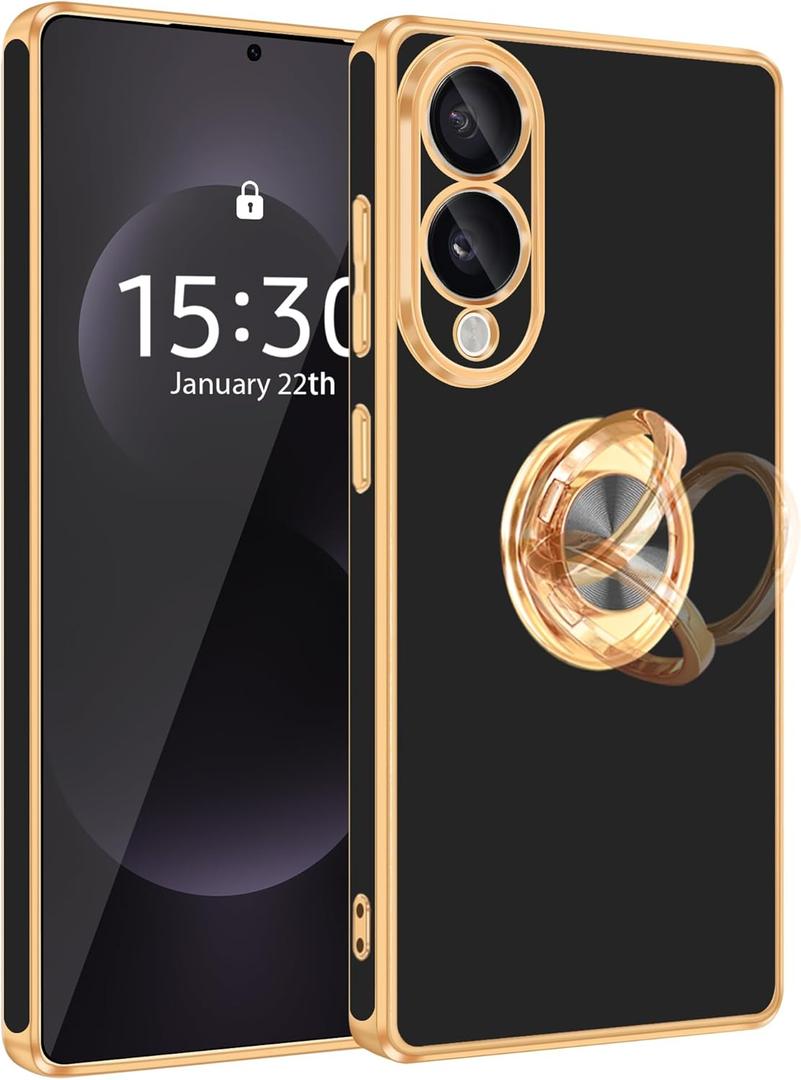 Fingic for Samsung Galaxy S25 Edge Case[with 360Rotatable Ring Holder][Support Magnetic Car Mount] Shiny Plating Gold Slim Thin Soft TPU Rugged Bumper Shockproof Protective Case for Women Men,Black