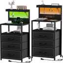 SZLHANJZ Night Stand Set 2 with LED Lights, Bedroom Nightstands with Power Outlet and Type C Port, Bed End Tables with 3 Fabric Drawers, Matching Bedside Tables with Hooks and Shelves, [Black Larger Set, 15.7"D x 17.7"W x 38.6"H (3 Drawers)]