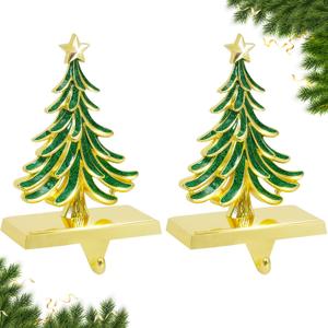Christmas Stocking Holders for Mantle Set of 2 Green Xmas Tree Stocking Hangers Sturdy Hooks with Gold Non-Slip Base for Fireplace Christmas Gifts Holiday Party Decoration