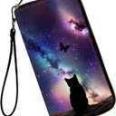 Womens Wallet, Large Capacity RFID Blocking PU Leather Wristlet Wallets for Women Ladies Men Credit Card Holder Zipper Phone Holder Clutch Travel Purse, Galaxy Cat