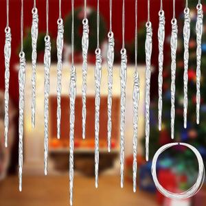 Patelai 36 Pieces Glass Icicle Ornaments for Christmas Tree 3.5-5.5 Inch Twisted Clear Icicle Hanging Ornaments with 36ft Crystal Roll Line for Xmas Winter New Year Holiday Decorations