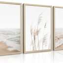 Beach Wall Art Boho Prints Coastal Canvas Wall Art Beach Pictures Pampas Grass Ocean Poster Plant Landscape Beach Scene Artwork for Living Room Bedroom Decor 24x36x3 Inch Wood Framed