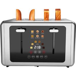 whall 4 Slice Touch Screen Toaster, Stainless Steel Toasters Digital Timer, Dual Control Panel Toasters6 Shade Settings6 Bread Types, Smart Wide Slots, Bagel, Cancel, Defrost,Silver