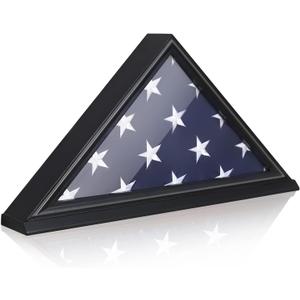 Flag Display Case, Thick Bottom Edge Military Flag Box with High Transparent Glass Front, Solid Wood Wall Mounted Flag Case Shadow Box for 5'x9.5' American Veteran Burial Flag (Black)