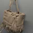 Leather Bucket Bags for Women Crossbody Fringe Purses with Drawstring Ladies Tassel Hobo and Shoulder Handbags