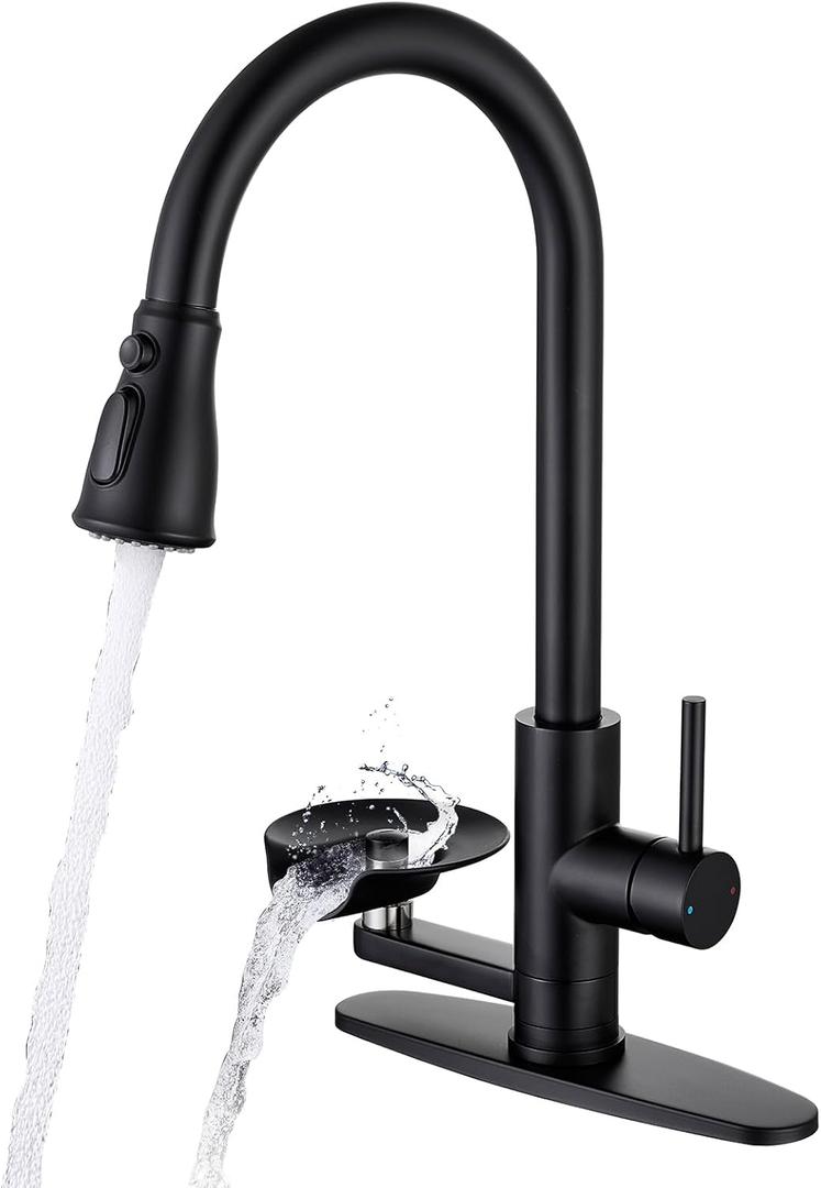 Matte Black Kitchen Faucet with Glass Rinser, Pull Down Sprayer with 3 Water Modes, Single Handle Stainless Steel Kitchen Sink Faucet with Deck Plate, Modern High Arc Design
